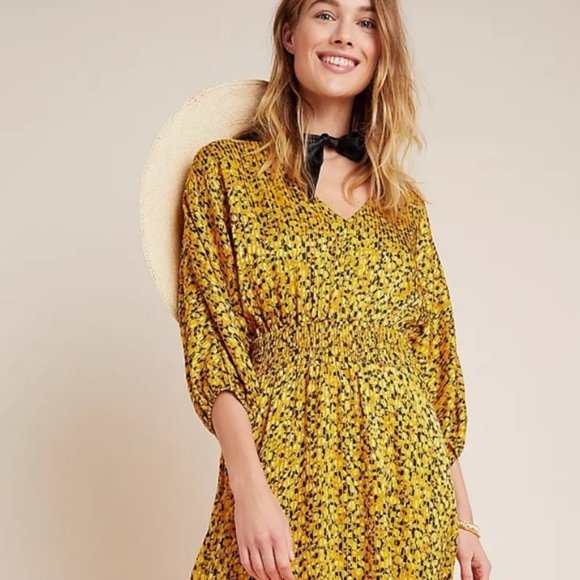 Anthropologie Dresses & Skirts - Anthropologie Marigold Smocked Waist Yellow 3/4 Sleeves Large V-neck Midi Dress